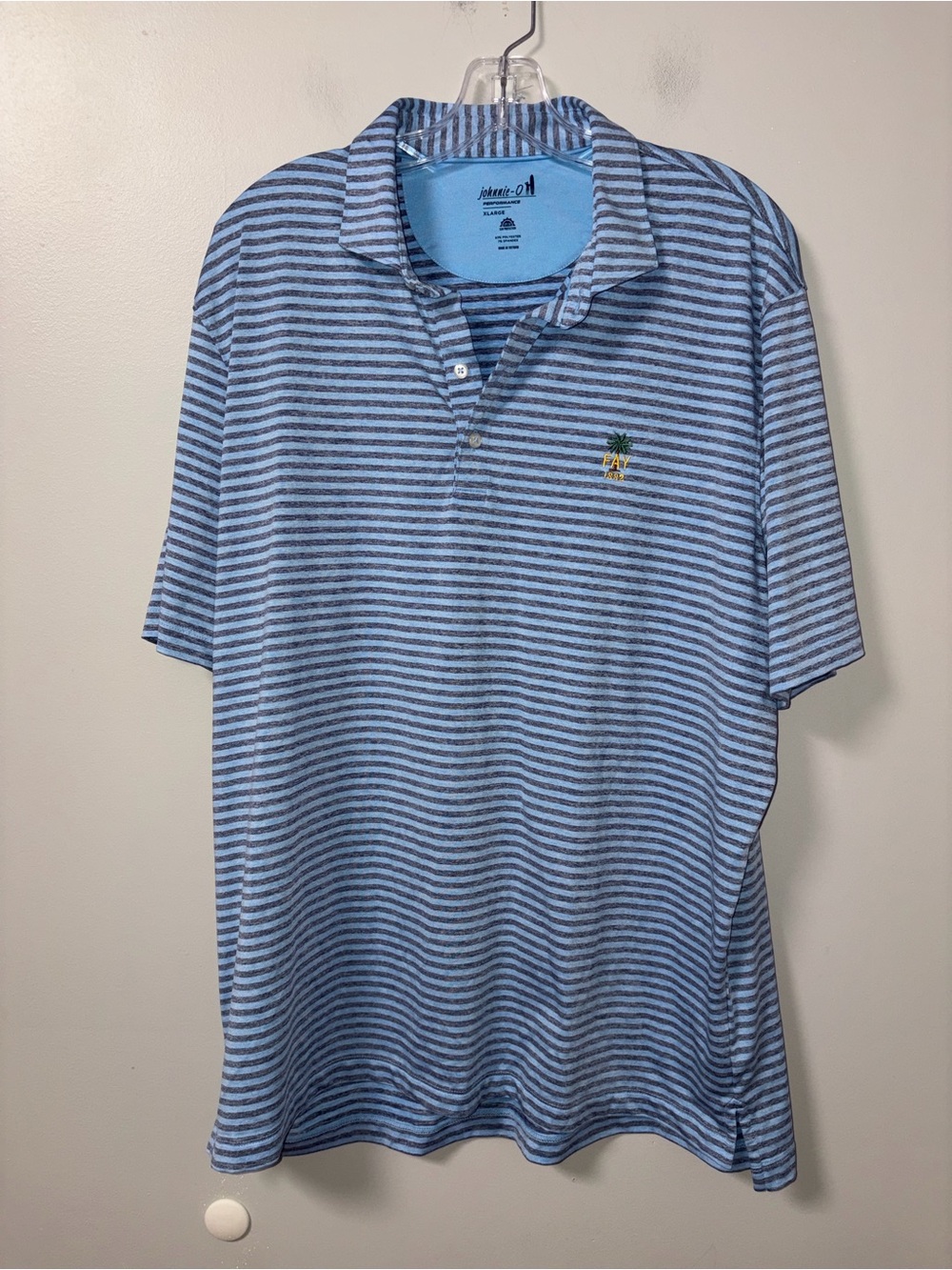 Johnnie-O Performance Golf Polo Blue Striped FAY 1882 Palm Tree Club Logo XL